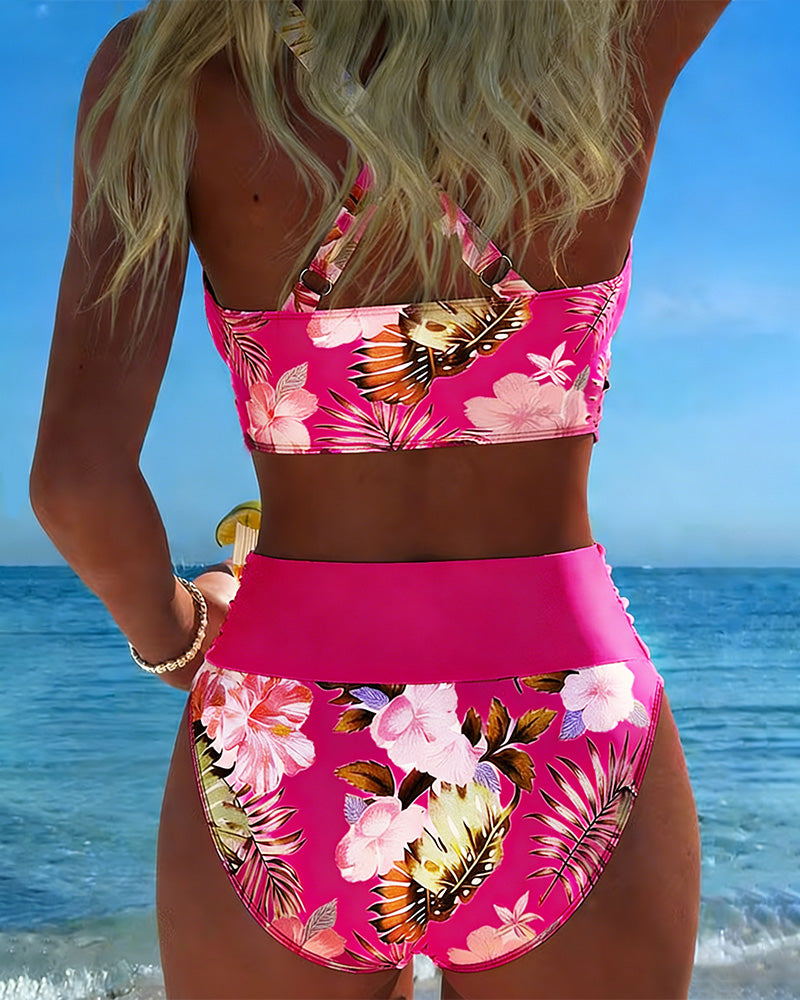 Bikini avec imprimé floral contrastant et fente