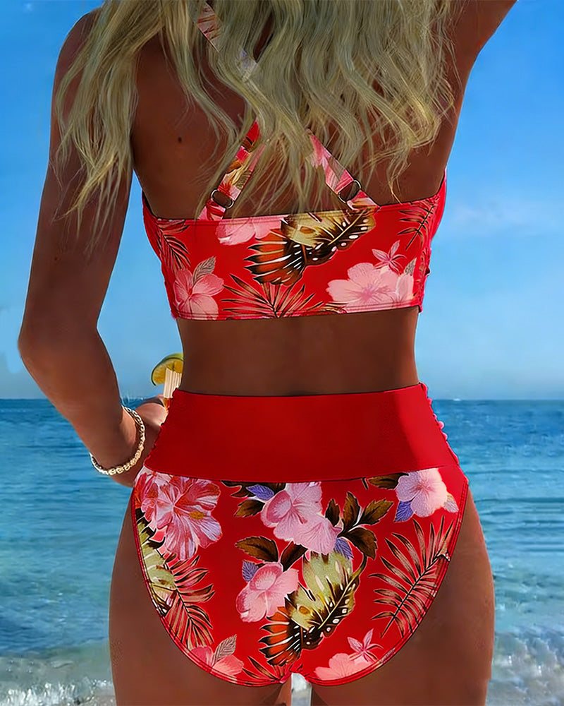 Bikini avec imprimé floral contrastant et fente