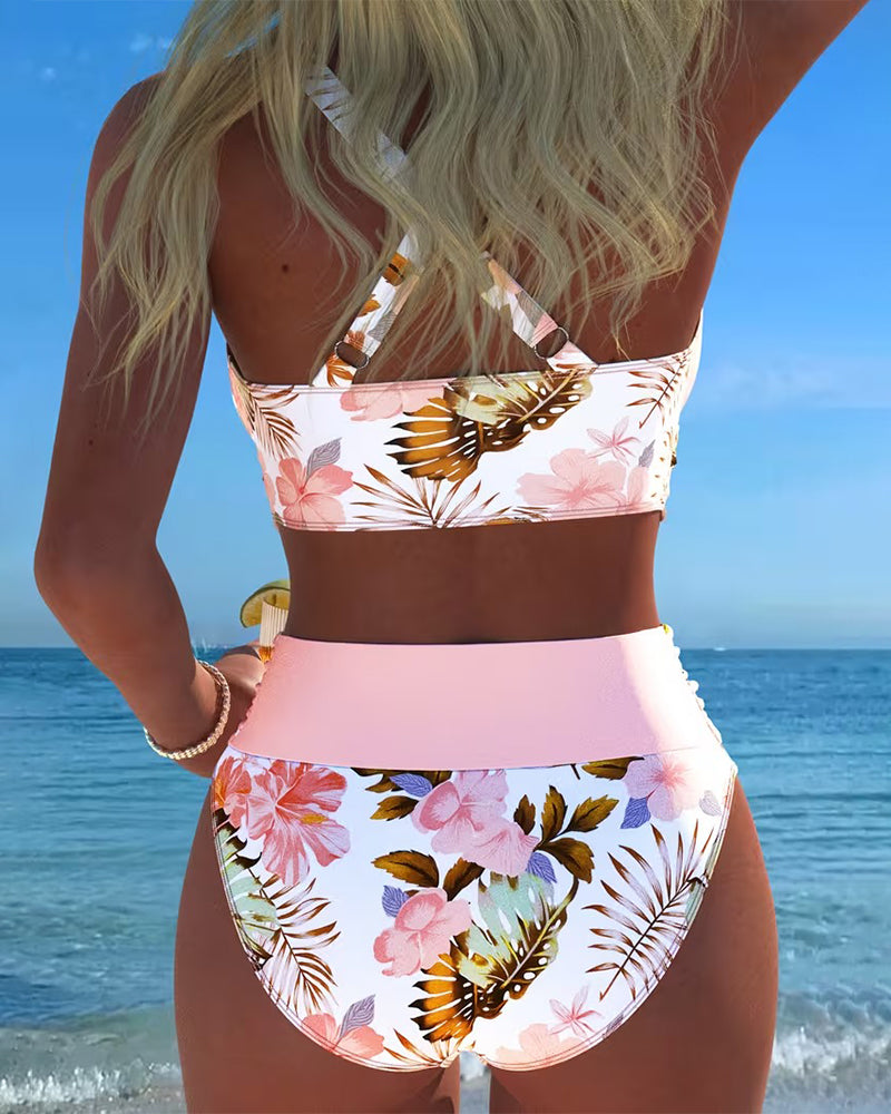 Bikini avec imprimé floral contrastant et fente