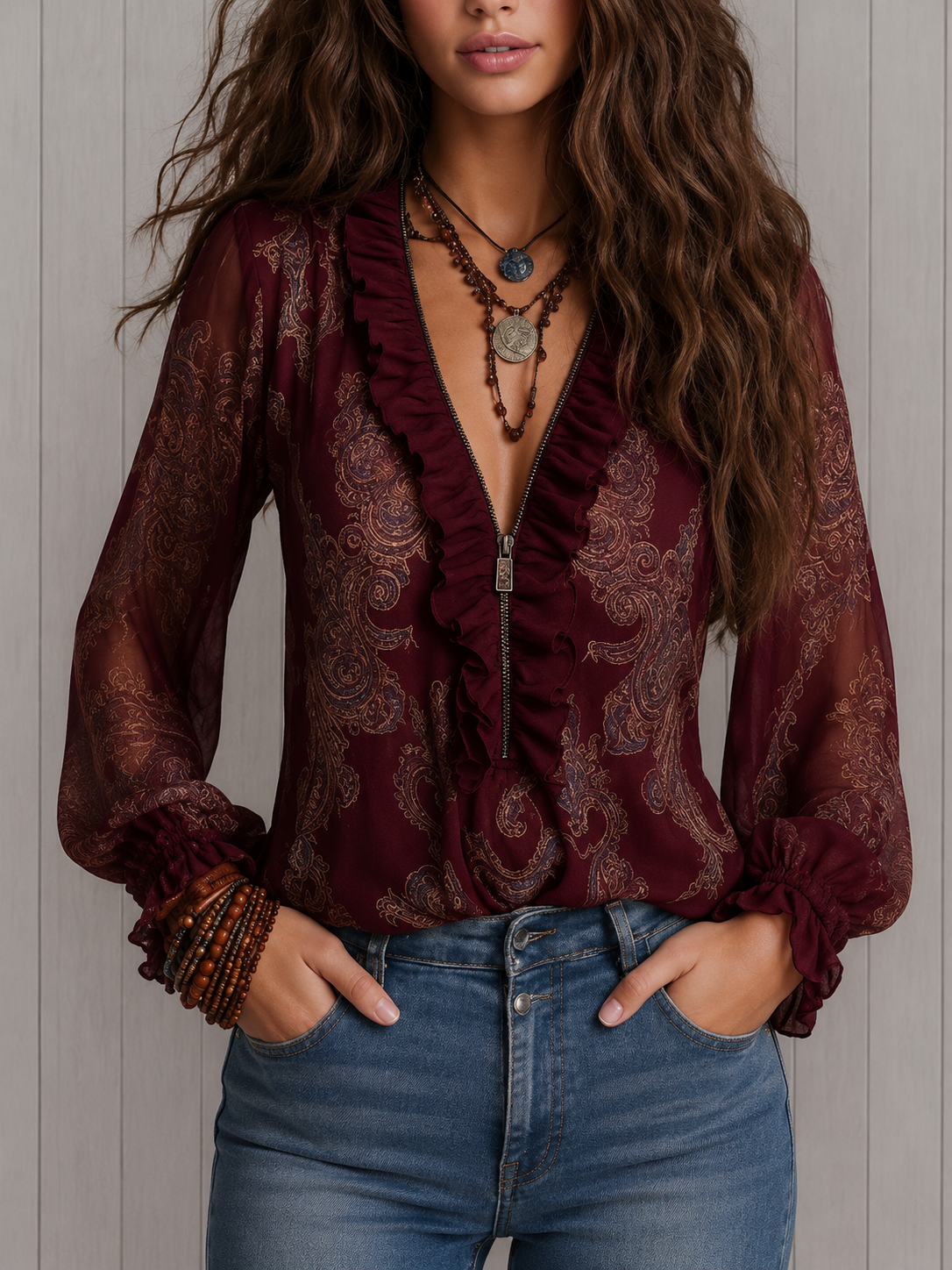 Elise | Blouse en Chiffon à Volants Baroque Paisley