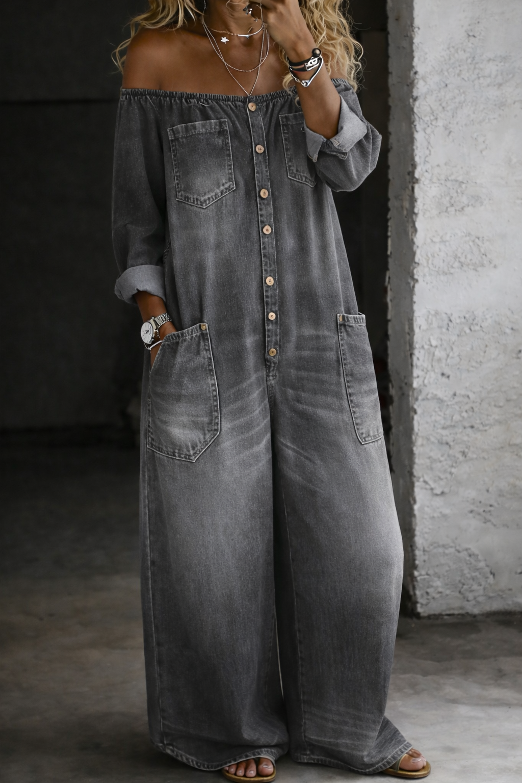 Elena™ | Combinaison denim épaules dénudées