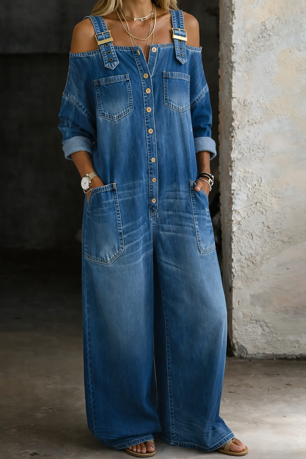 Sophia™ | Combinaison en jean à épaules dénudées
