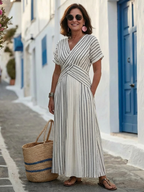 Cressida | Robe mi-longue élégante et flatteuse à col en V, manches courtes et nœud à la taille