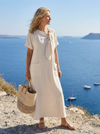 Elowyn | Robe longue élégante et confortable à col rond, manches courtes et poche pratique