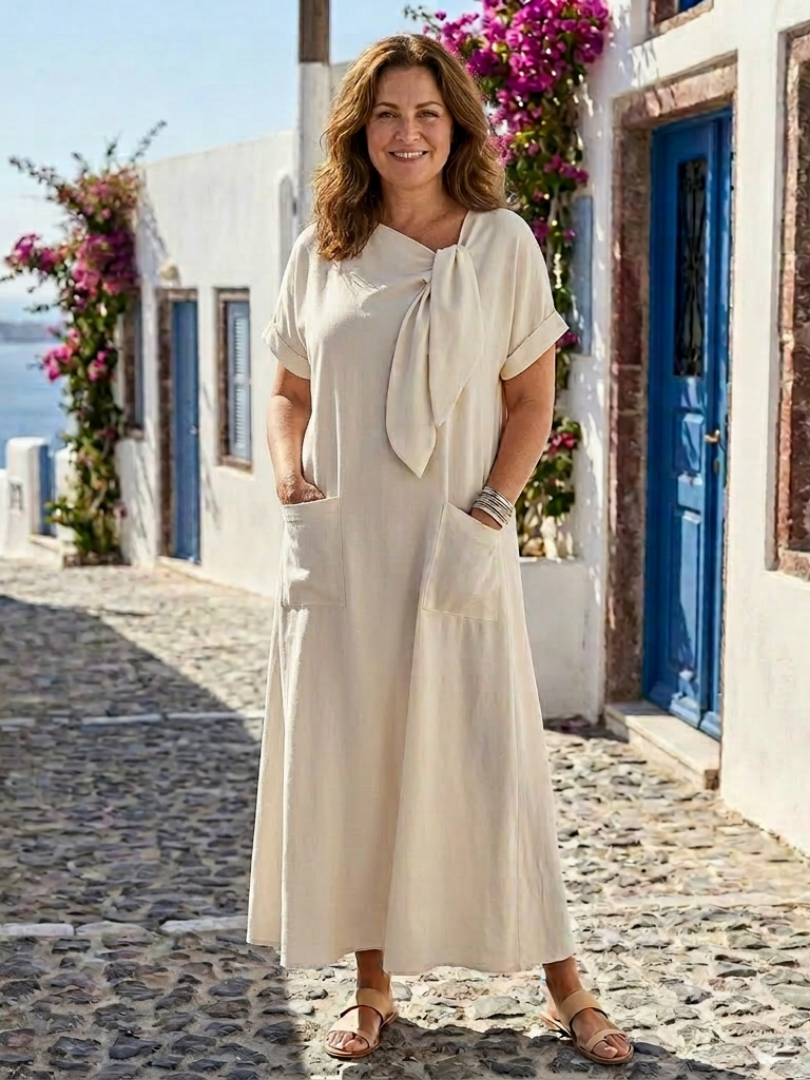 Elowyn | Robe longue élégante et confortable à col rond, manches courtes et poche pratique