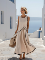 Soleia | Robe longue élégante et fluide drapée, sans manches et col rond