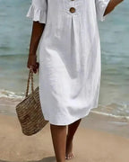 Vanesa | Robe en lin texturé avec manches bouffantes et boutons